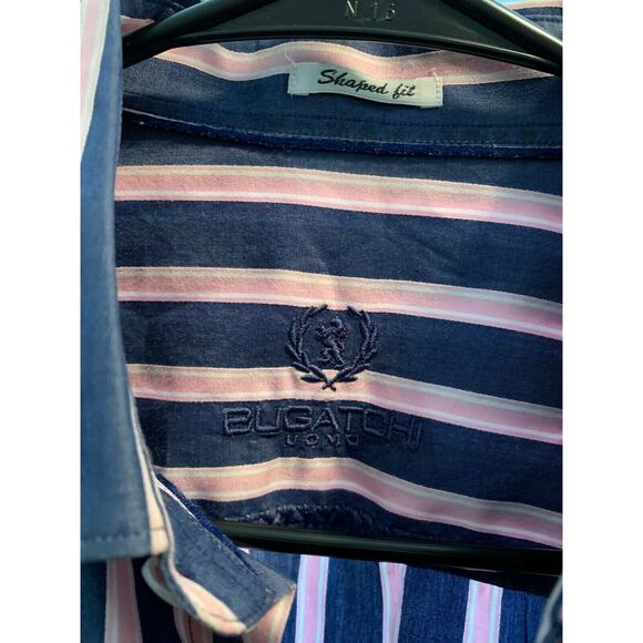 Bugatchi Uomo shaped fit blue pink pinstripes long sleeves button shirt Size L - Picture 4 of 8